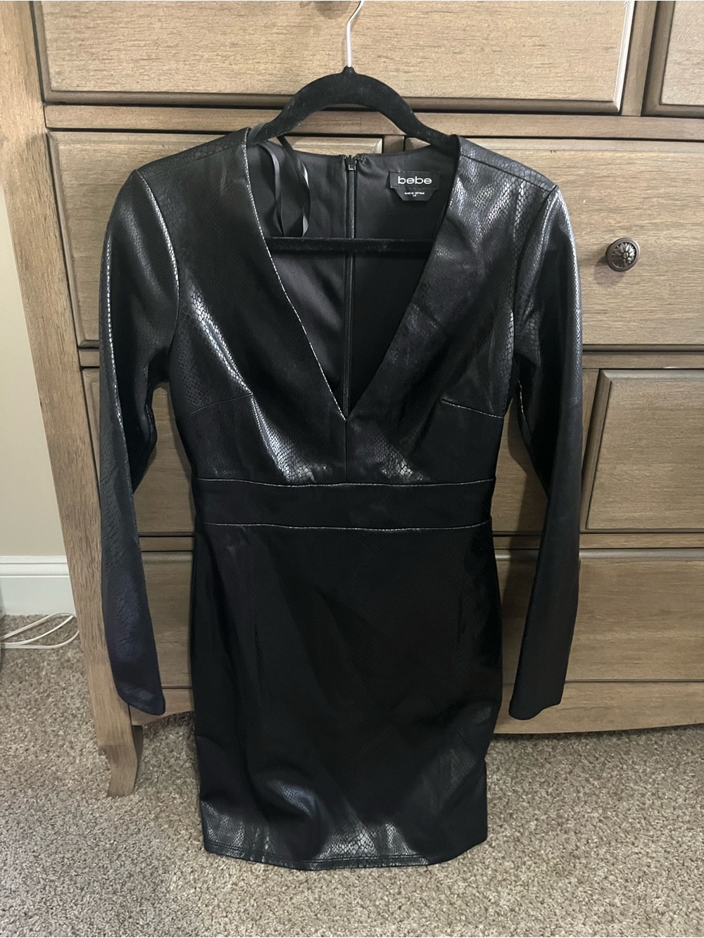 bebe Black Long Sleeve Faux Leather V-Neck Mini Dress